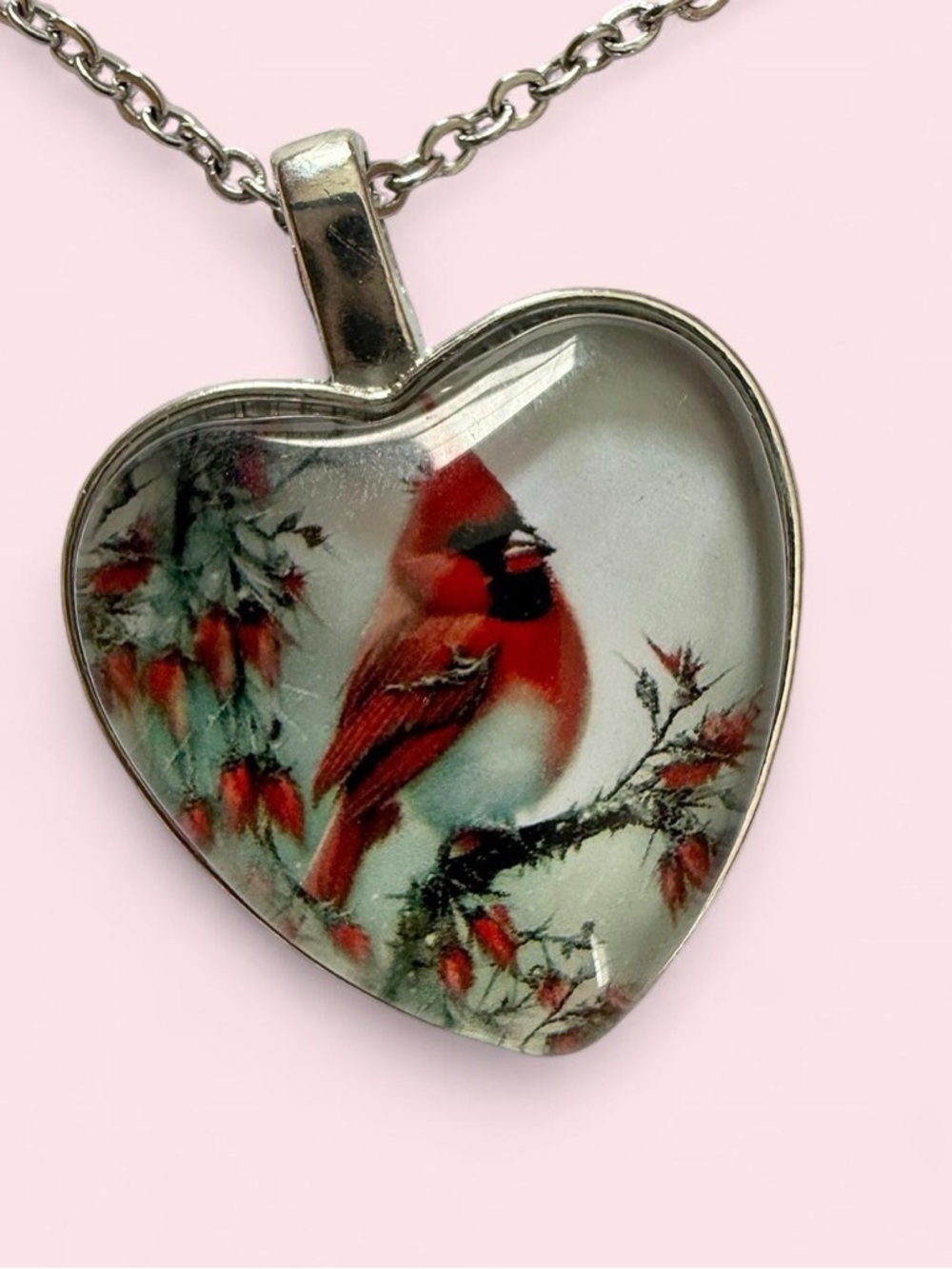 Vintage Silver Tone Heart Pendant Necklace with Red Cardinal Bird Design - Picture 4 of 4